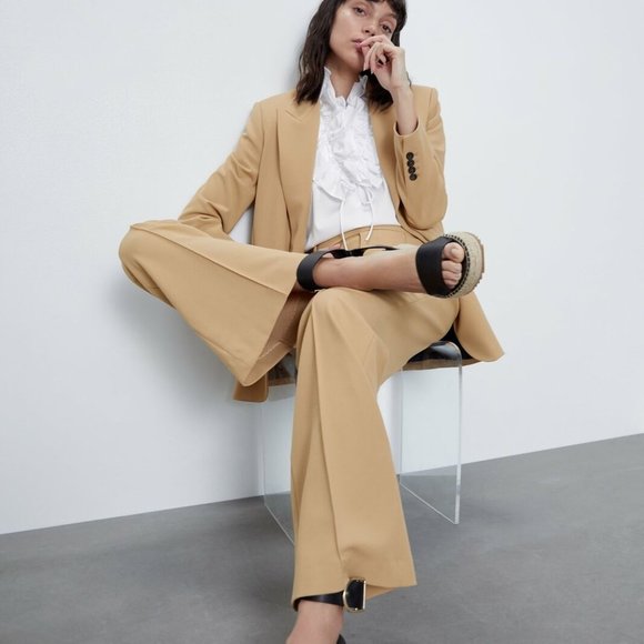 ZARA FLARED MID-RISE CAMEL WIDE LEG PANTS - Picture 13 of 13